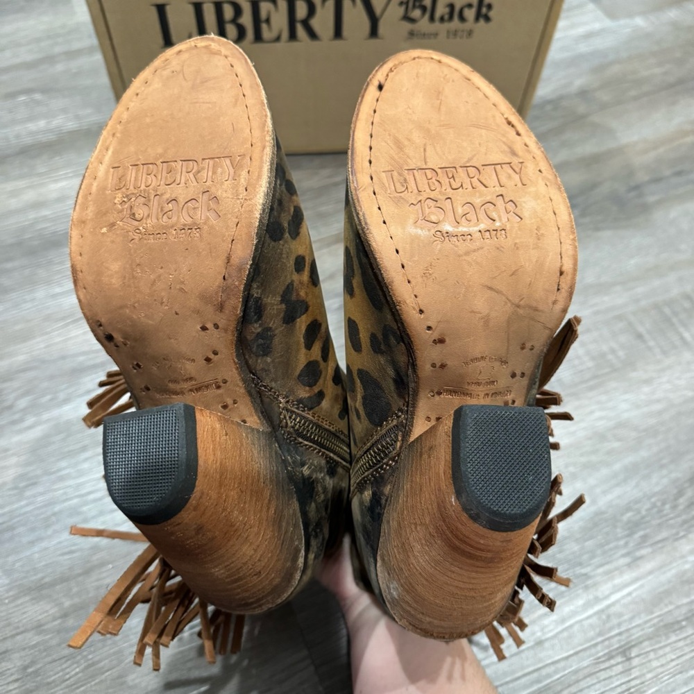 Liberty Chita Miel Concho Fringe Peep Black Leopard Stone Washed Boots Booties - Picture 8 of 10